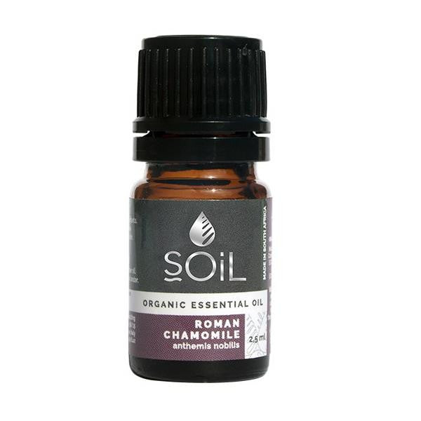 Roman chamomile organic essential oil bottle, dark amber glass with black cap