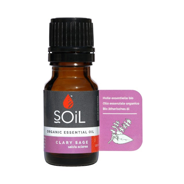Clary sage organic essential oil bottle, 10 ml, amber glass with black cap