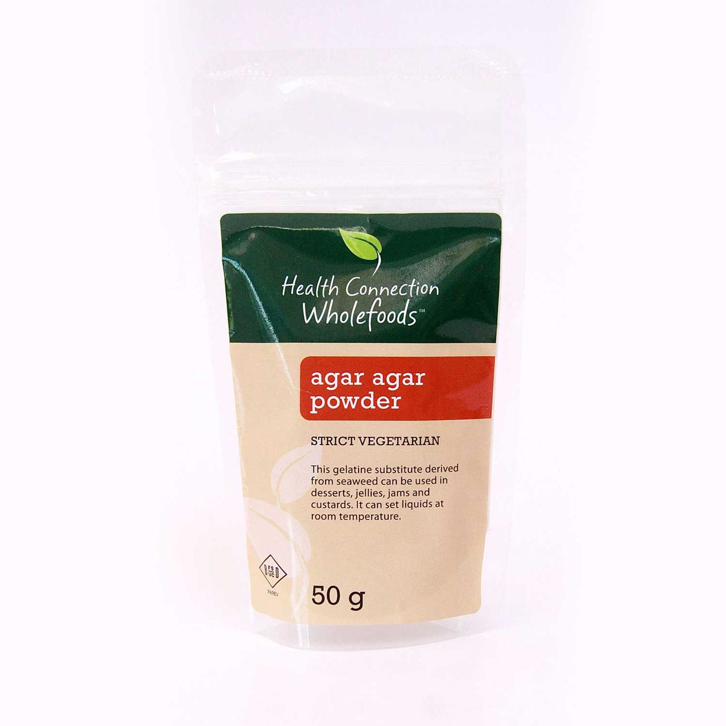 Health Connection Agar Agar Powder 50g, a vegan gelatine substitute from seaweed for setting desserts and improving digestive health. Low in calories and fat.