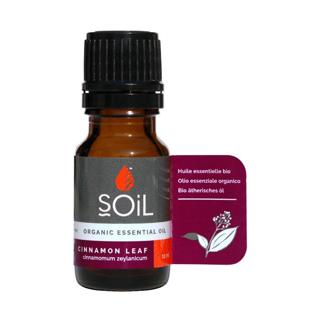 Organic essential oil bottle with black dropper cap, cinnamon leaf label, 10 ml