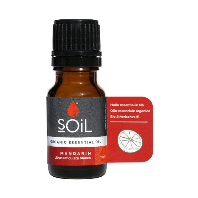 10 ml Soil organic mandarin essential oil bottle with black cap, amber glass