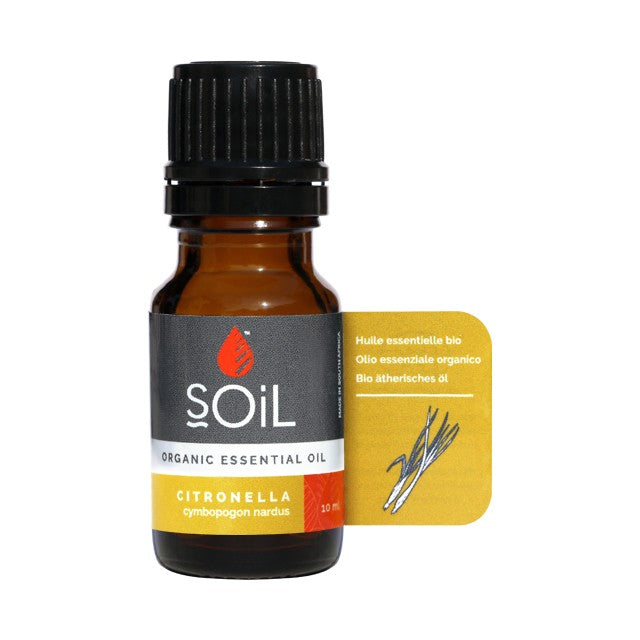 Citronella organic essential oil bottle, 10 ml amber glass with black cap and label