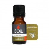 10 ml vetiver essential oil bottle with amber liquid and black cap, SoiL label
