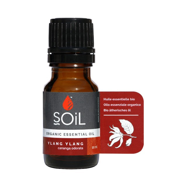 Organic essential oil bottle with amber glass and black cap, Ylang Ylang label
