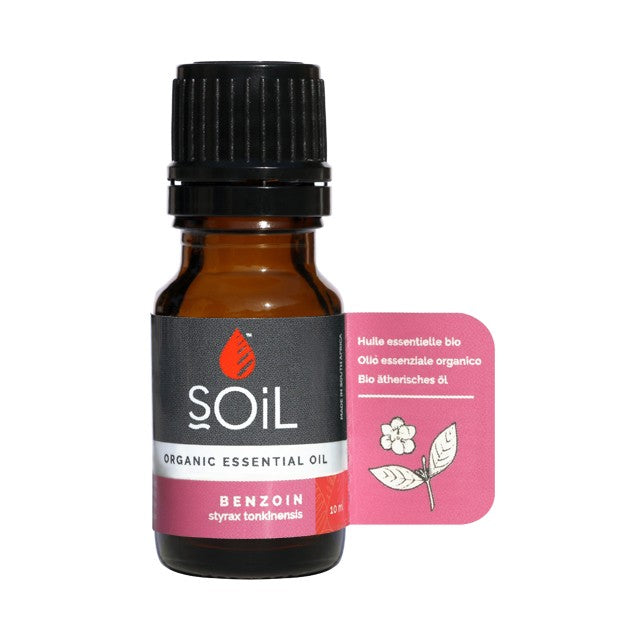 Benzoin organic essential oil bottle with black dropper cap, 10 ml