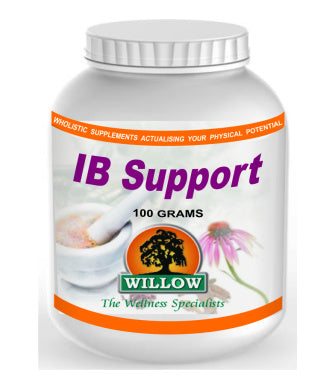 IBS support supplement bottle with silver cap, white label, 100 grams