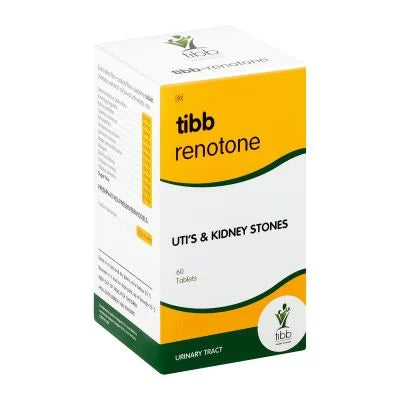 Tibb-Renotone tablet supplement box, white with yellow and green accents