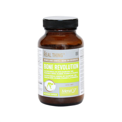Dietary supplement bottle, amber liquid, black cap; front label with 'Bone Revolution'.