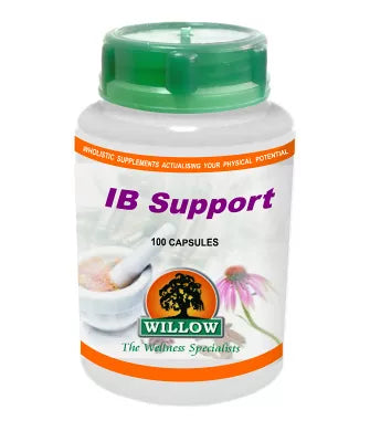 IBS support supplement bottle with green cap, white label, 100 capsules