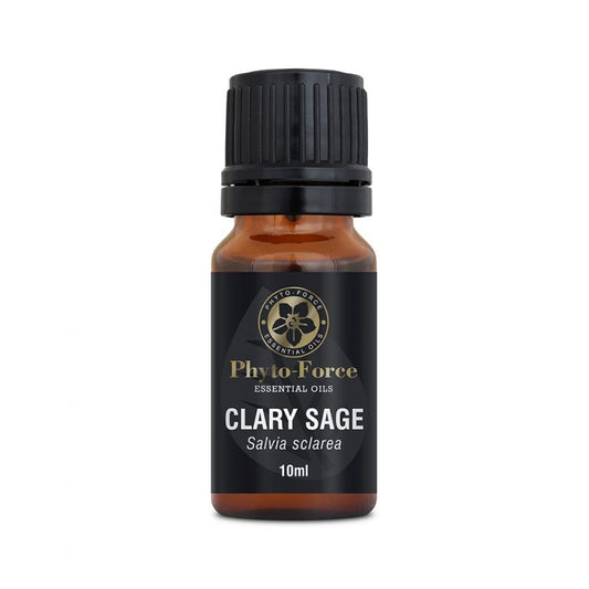 Bottle of Phyto-Force Organic Clary Sage Essential Oil with label, ideal for hormonal balance and stress relief.