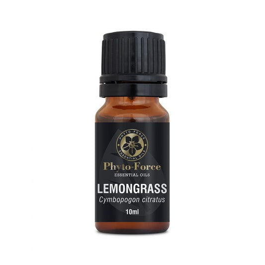 Bottle of Phyto-Force Organic Lemongrass Essential Oil with label, ideal for immune support and muscle pain relief.