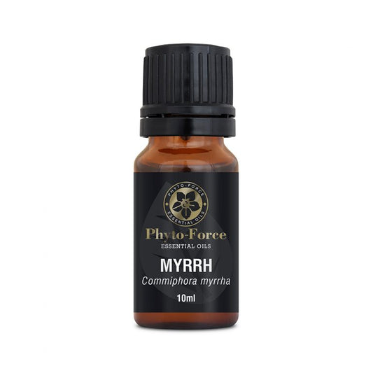 Bottle of Phyto-Force Organic Myrrh Essential Oil with label, ideal for skin rejuvenation and emotional balance.