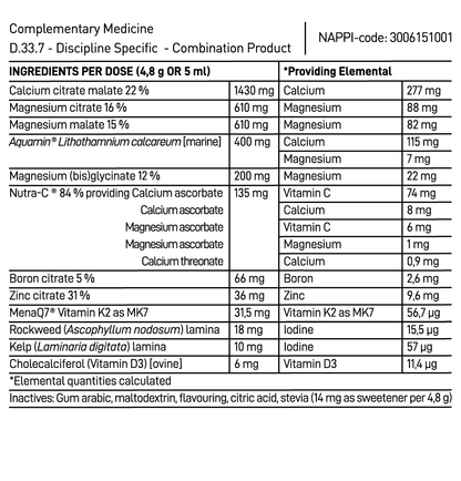 Supplement facts panel with ingredients table listing calcium, magnesium, zinc, and vitamins.