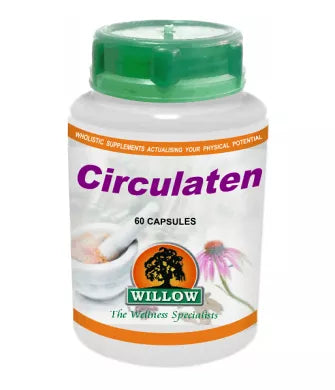 Supplement capsules bottle with green cap and white label, purple Circulaten text