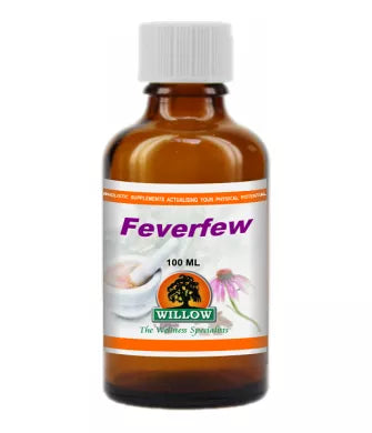 Feverfew herbal supplement bottle, amber glass with white cap