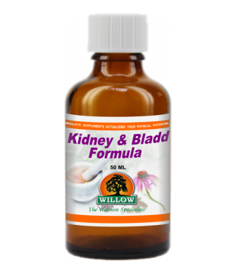 Kidney & bladder formula supplement bottle, 50 mL brown glass with white cap
