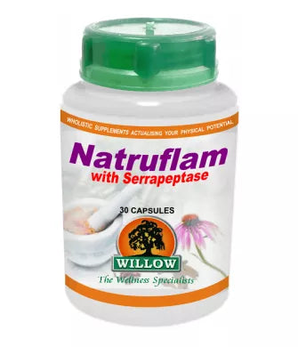 Natruflam with Serrapeptase bottle, green cap, 30 capsules label