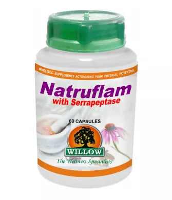 Natruflam with Serrapeptase bottle, green cap, 60 capsules label