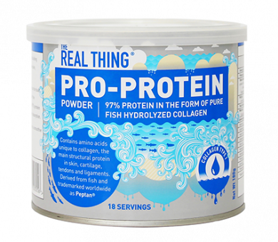 White protein powder tub with blue label and 18 servings.