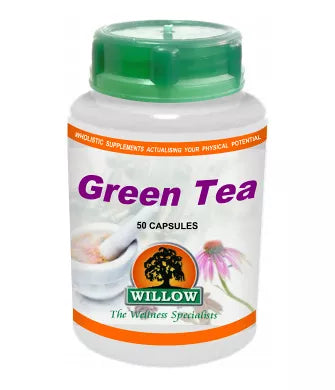 Green tea supplement jar with green cap, white label and capsule count badge
