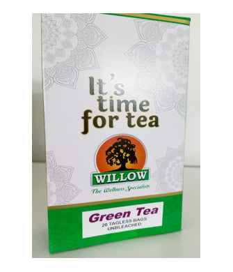 Green tea herbal tea bag box, white and green with brand logo