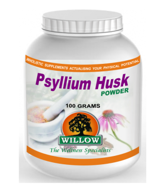 Psyllium husk powder container with silver lid, 100 grams