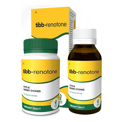 Tibb-Renotone supplement bottles with box, yellow labels and green caps