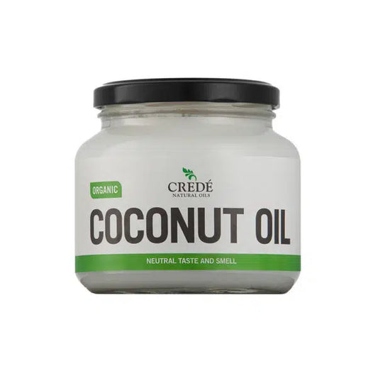 Crede Organic Odourless Coconut Oil in a clear jar with a white label, showcasing the pure, white, solid oil, perfect for cooking and skin care.