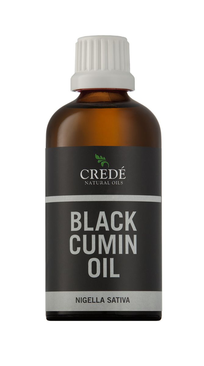 Crede Black Cumin Oil in a dark amber bottle with a dropper cap, showcasing the rich, dark-colored oil, ideal for immune support and skin health.