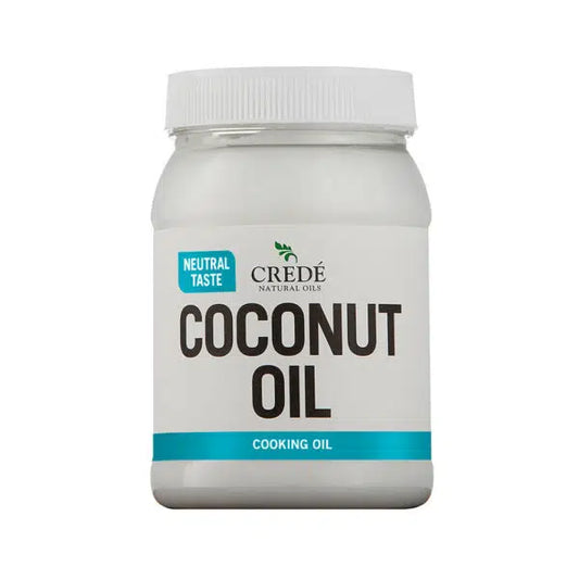 Crede Odourless Coconut Oil in a clear jar with a white label, showcasing the pure, white, solid oil, perfect for cooking and skin care.