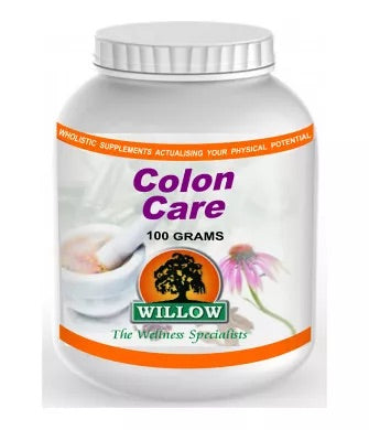 Colon health supplement bottle with silver cap, 100 grams label