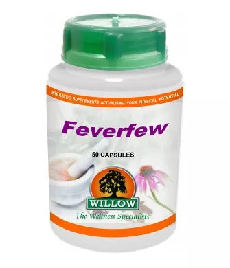 Feverfew herbal supplement bottle, white plastic with green cap