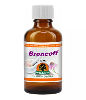 Broncoff Willow supplement bottle, 100 mL amber glass with white cap