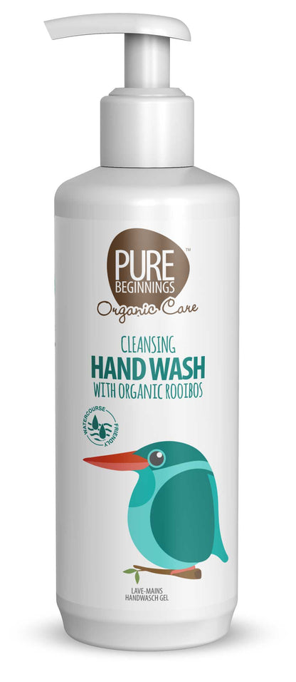 Hand wash pump bottle, white with silver cap, teal bird label