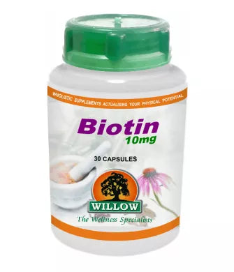 Biotin 10 mg supplement bottle with green cap, 30 capsules