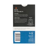 Soil soy wax melts back label with barcode and product information, blue panel