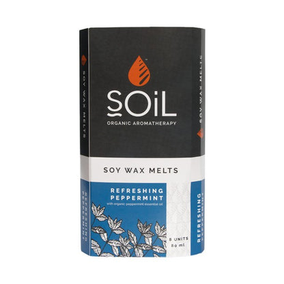 Soil soy wax melts pack with refreshing peppermint label, black and blue wrap