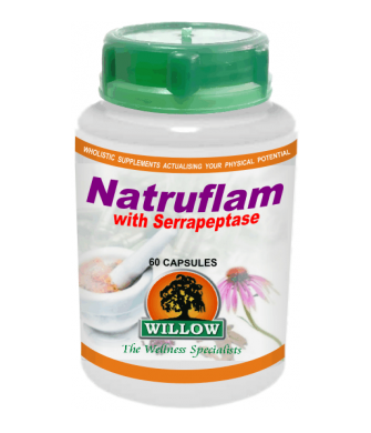 Natruflam with Serrapeptase supplement bottle with green cap, 60 capsules