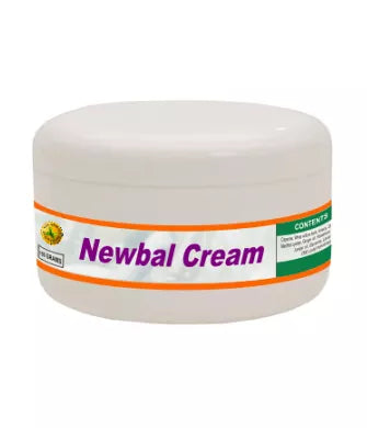 White cream jar with orange band and Newbal Cream label