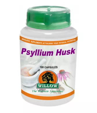Psyllium husk supplement bottle with green cap, 100 capsules